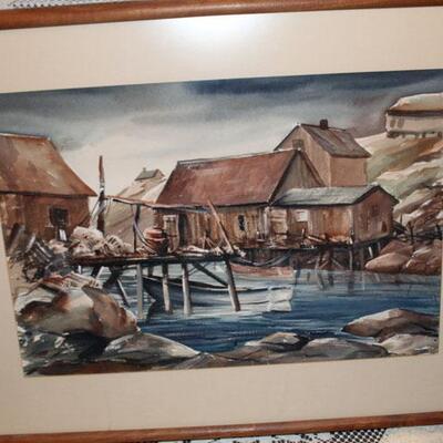 Watercolor of dock, signed indistinctly, 22" x 15", framed (#191)
