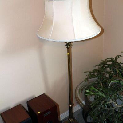 Vintage Brass floor lamp, milk glass diffuser, with shade (#234)