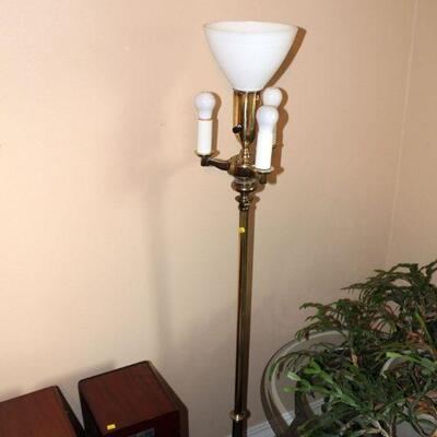 Vintage Brass floor lamp, milk glass diffuser, with shade (#234)