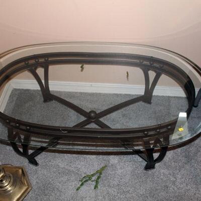 Glass oval top coffee table, metal frame (#236)