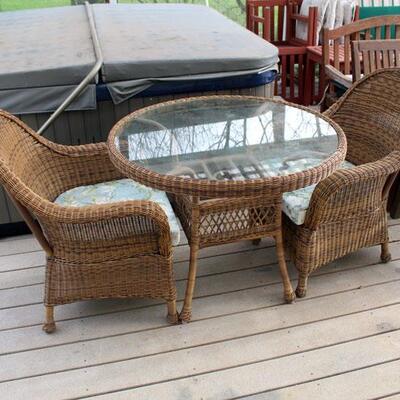 Patio Resin Wicker glass top table and two chairs