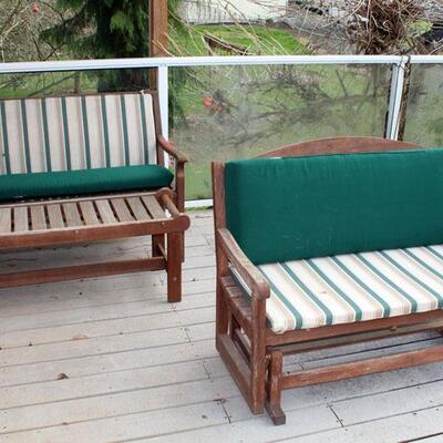 Patio teak bench, rocking bench and 2 chairs set
