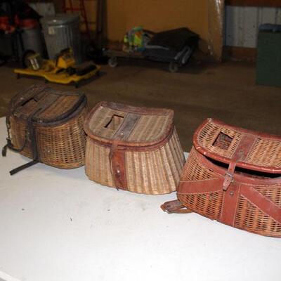 Lot of three vintage leather and wicker fishing creels (#248)