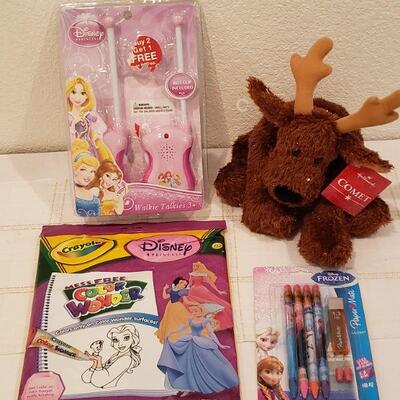 Lot 902: New Disney Princess Walkie-talkie Set, Disney Activity Pad, Pencils and Hallmark "Comet" Reindeer Plushie 