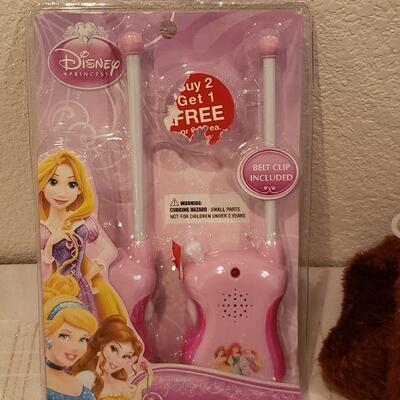 Lot 902: New Disney Princess Walkie-talkie Set, Disney Activity Pad, Pencils and Hallmark "Comet" Reindeer Plushie 