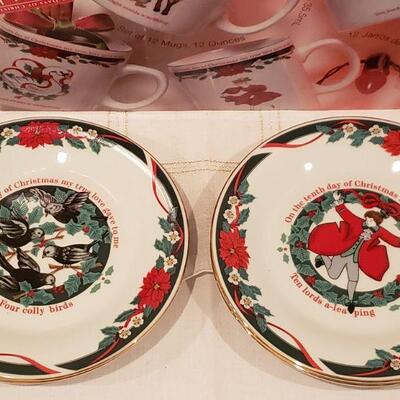 Lot 914: New/Old Stock 12 Days of Christmas Mugs and Dessert Plates- Complete Set of Both