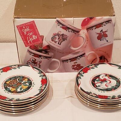 Lot 914: New/Old Stock 12 Days of Christmas Mugs and Dessert Plates- Complete Set of Both