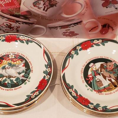 Lot 914: New/Old Stock 12 Days of Christmas Mugs and Dessert Plates- Complete Set of Both