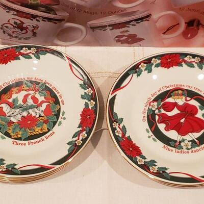Lot 914: New/Old Stock 12 Days of Christmas Mugs and Dessert Plates- Complete Set of Both