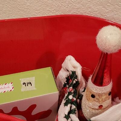 Lot 919: New Holiday Reindeer Nuts, Hand Towels, Glass Light Up Santa and Santa Metal Container