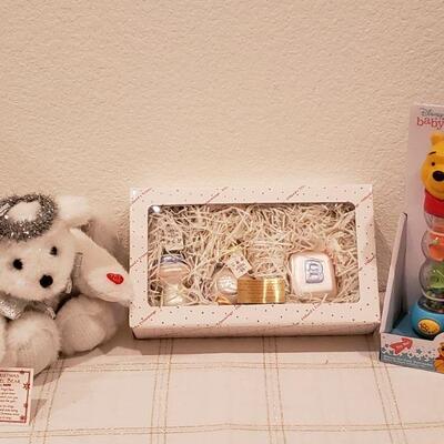 Lot 927: NEW Dillard's Baby Ornaments, Angel Bear and Winnie the Pooh Rattle Toy