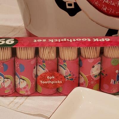 Lot 929:  New Snowman Tins, Santa Metal Container, Plate, Toothpicks and JOY Sign