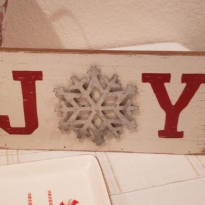 Lot 929:  New Snowman Tins, Santa Metal Container, Plate, Toothpicks and JOY Sign