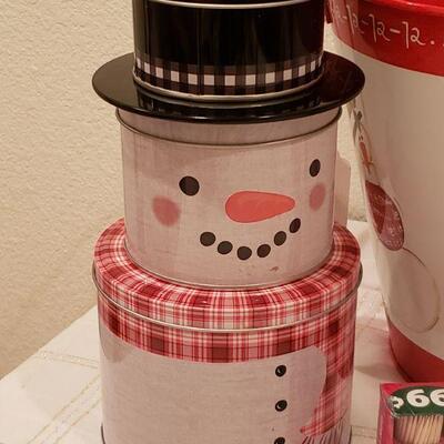 Lot 929:  New Snowman Tins, Santa Metal Container, Plate, Toothpicks and JOY Sign