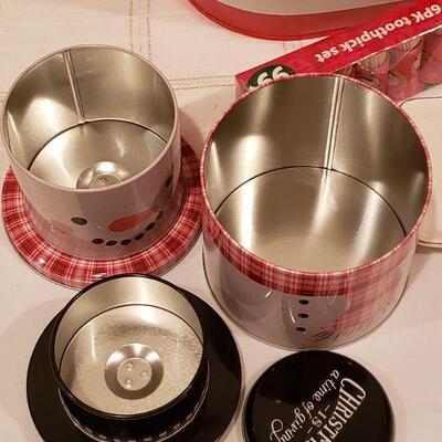 Lot 929:  New Snowman Tins, Santa Metal Container, Plate, Toothpicks and JOY Sign