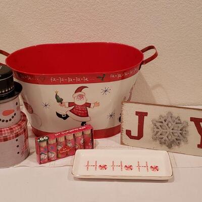 Lot 929:  New Snowman Tins, Santa Metal Container, Plate, Toothpicks and JOY Sign
