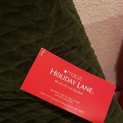 Lot 937: NEW Macy's Dark Green Velvet Treeskirt and Santa Pillow
