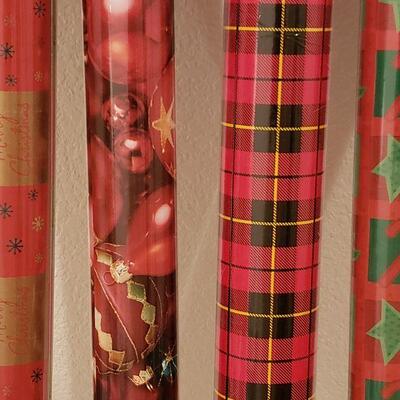 Lot 969: NEW (5) Rolls of Wrapping Paper (reds, greens and gold) and Stickers 