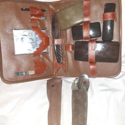 Vintage Traveling Hygiene Kit With Folding Spoons, Mirror and Multiple Dishes