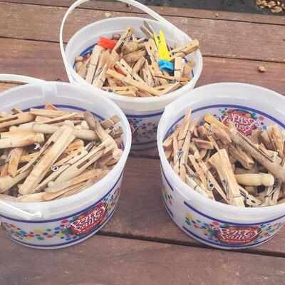 3 BUCKETS OF CLOTHES PINS 