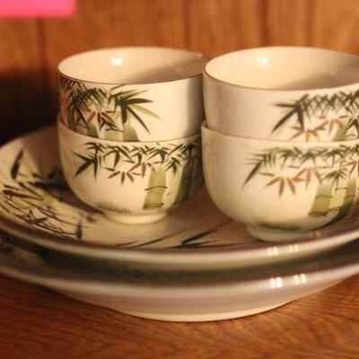 Lot 91 Bamboo Print Cups, Bowls & Platter