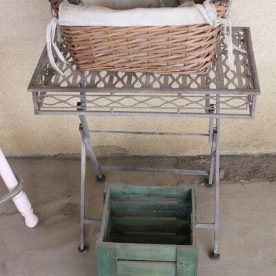 Lot 117 Outdoor Iron Table, Garden Bin and Baskets