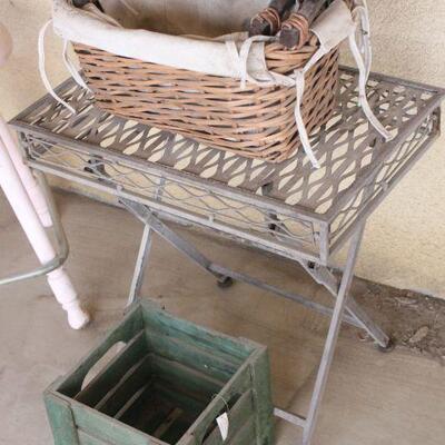 Lot 117 Outdoor Iron Table, Garden Bin and Baskets