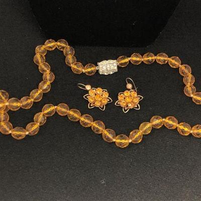 Lot 29 - Vintage Amber Glass Bead Necklace and Earrings
