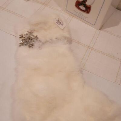 Lot 991: Rabbit Fur Stocking + Precious Moments Christmas Figures 