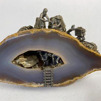 Vintage Quartz Geode Diorama With Pewter Miner Scene
