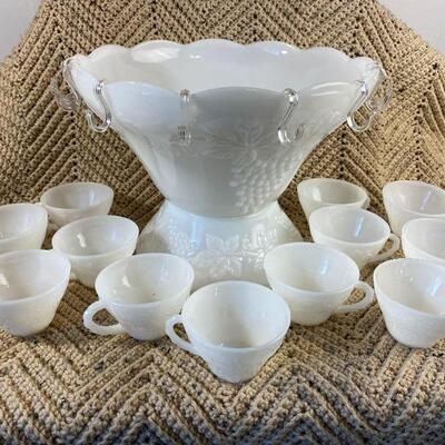 Vintage Anchor Hocking Milk Glass Punch Bowl & Cups