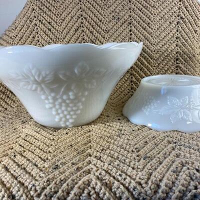 Vintage Anchor Hocking Milk Glass Punch Bowl & Cups