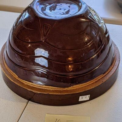 Antique brown glaze crockery bowl, scalloped banding (#16)