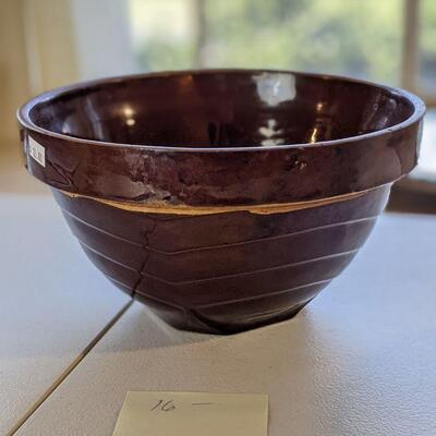 Antique brown glaze crockery bowl, scalloped banding (#16)