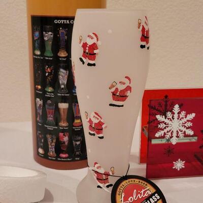 Lot 33: NEW Christmas Pilsner Beer Designer Glass + Hallmark Votive Candle Glass Snowflake Deco