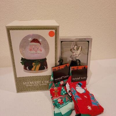 Lot 69: (2) New Christmas Womens Socks, Snowglobe and Angel Deco