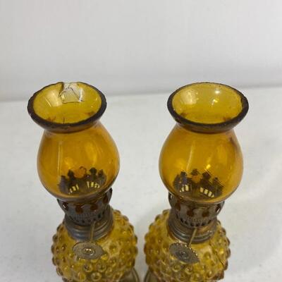 Set of Vintage Amber Hobnail Oil Lamps