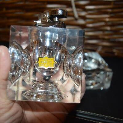Vintage Crystal block lighter and ashtray