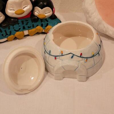Lot 112: NEW Frosty Friends Pillow, Cookie Jar and Penguin Candle Deco