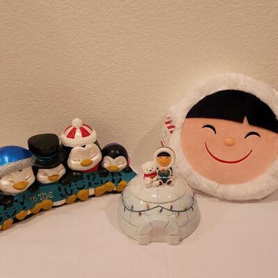 Lot 112: NEW Frosty Friends Pillow, Cookie Jar and Penguin Candle Deco