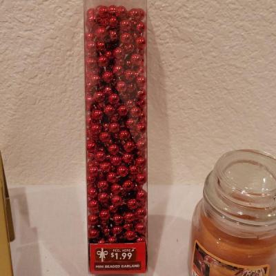 Lot 120: NEW Holiday Candle, Wreath Hangers, (2) Ornaments and Beads