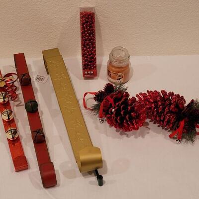Lot 120: NEW Holiday Candle, Wreath Hangers, (2) Ornaments and Beads