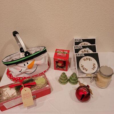 Lot 142: NEW Hallmark Snowman Collapsible Basket,  Candle, (3) Holiday Plates, Macy's Christmas Tree Salt & Pepper, Handpainted...