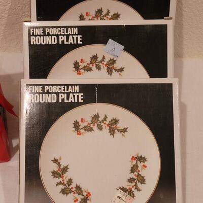 Lot 142: NEW Hallmark Snowman Collapsible Basket,  Candle, (3) Holiday Plates, Macy's Christmas Tree Salt & Pepper, Handpainted...
