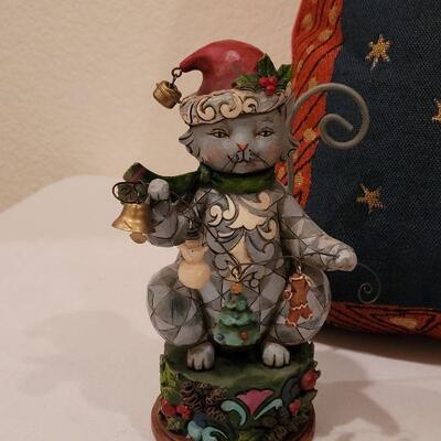 Lot 154: New Sarah Burch Pillow, Toy Shop Tin, Gingerbread Magnets and Jim Shores Cat with Garland
