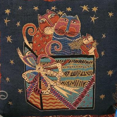 Lot 154: New Sarah Burch Pillow, Toy Shop Tin, Gingerbread Magnets and Jim Shores Cat with Garland