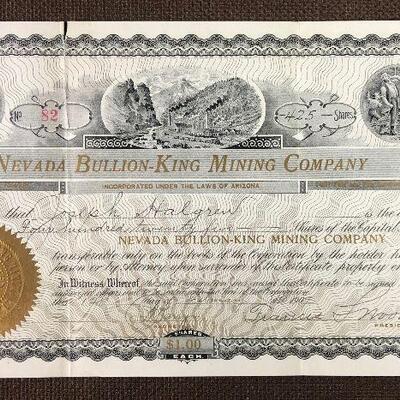 #1 Nevada Bullion-King Mining Company Stock Antique/Vintage 
