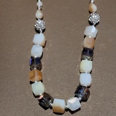 Lot 161: New Hallmark Long Blue Beaded & Chain Necklace with Blue & Gold Feathers & New Square Polished Stone & Glass...