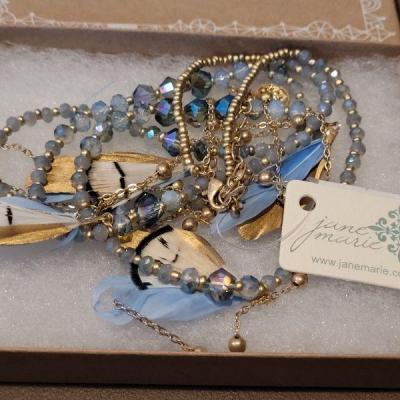 Lot 161: New Hallmark Long Blue Beaded & Chain Necklace with Blue & Gold Feathers & New Square Polished Stone & Glass...