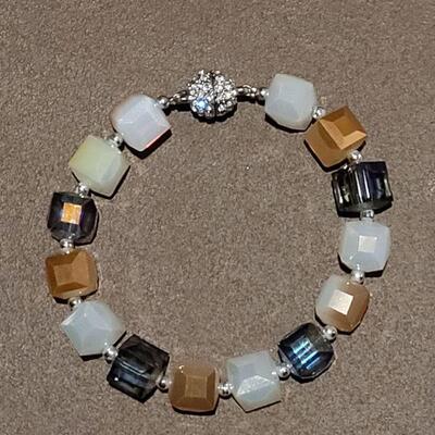 Lot 161: New Hallmark Long Blue Beaded & Chain Necklace with Blue & Gold Feathers & New Square Polished Stone & Glass...